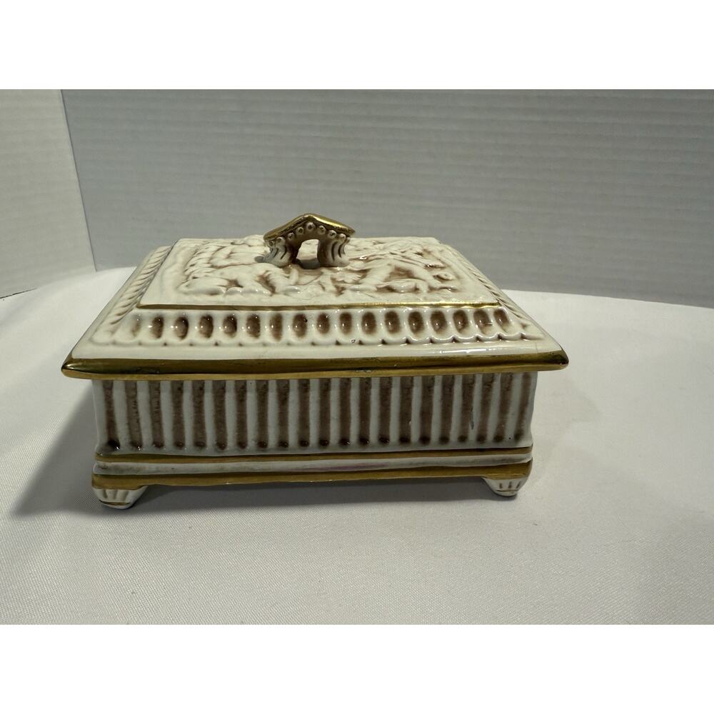 Vintage Ornate Gold trimmed Italian Square Trinket Box Children Dog Italy